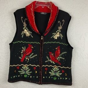 Women’s Lisa International Holiday Zip Up Beaded Sweater Cardinal Bells Trees XL